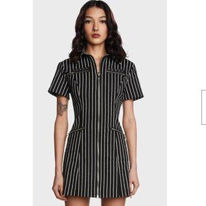 The Grave Girls Deadly Souls Black/White Stripe Zip Thru Utility Dress Large L